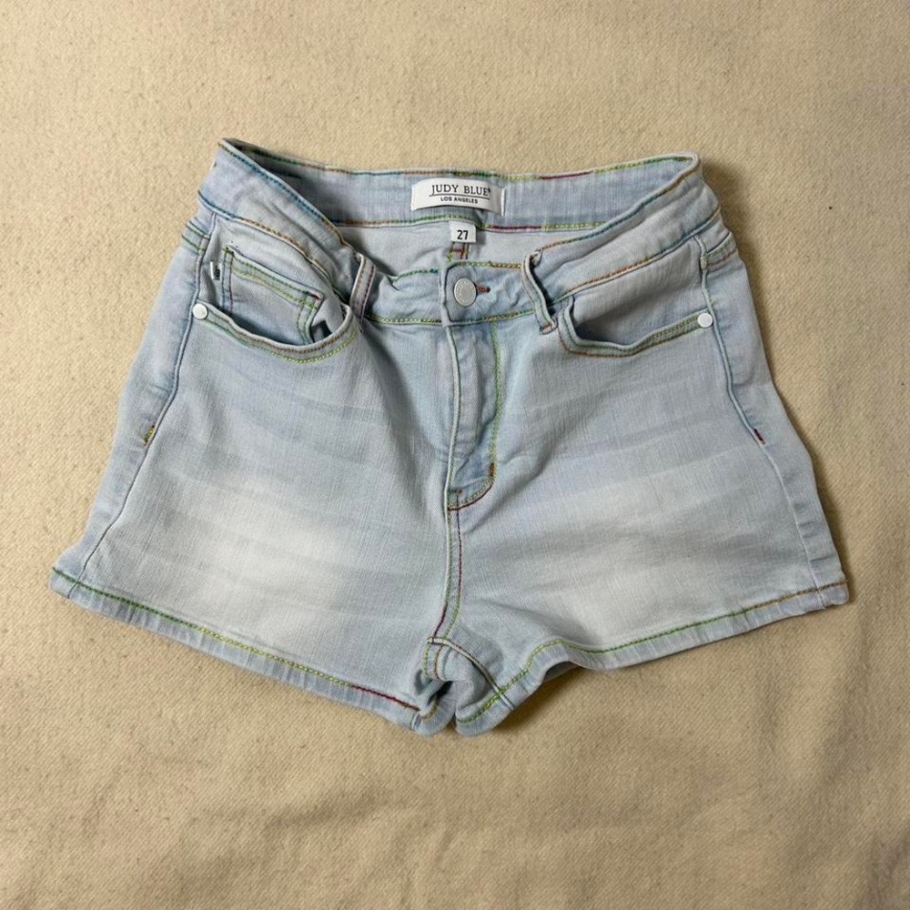 Judy Blue Denim Jean Shorts Rainbow Thread High Rise 27